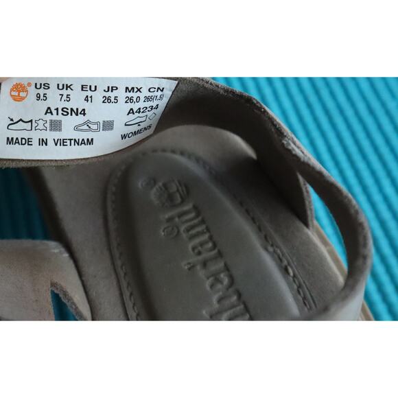 Timberland Platform Sandal 9.5 Taupe Leather Nubuck Open Toe Lug Sole Block Heel - Picture 8 of 9